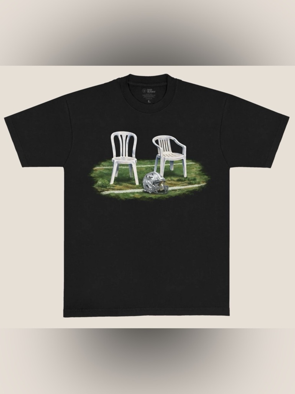 NFL Black Tee with White Chairs and Silver Helmet Graphic